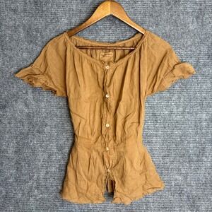 Valerie Gregori McKenzie SONG Brown Ramie Cotton Button Front Peplum Blouse S